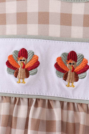 Brown turkey embroidery gingham bloomer set
