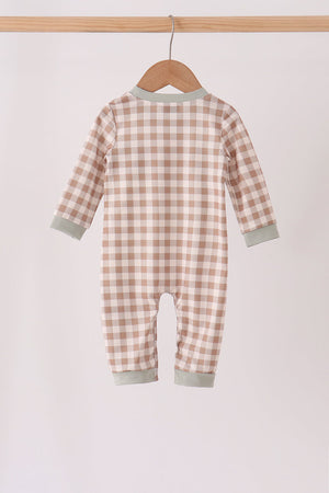 Brown turkey embroidery gingham romper