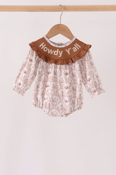 Brown Howdy Y'ALL embroidery ruffle bubble