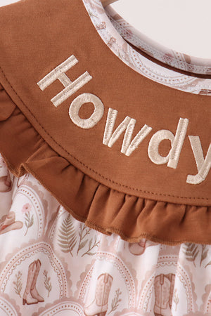 Brown Howdy Y'ALL embroidery ruffle dress