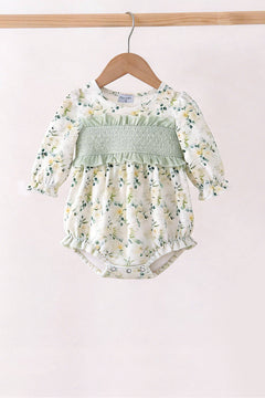 Sage floral smocked ruffle bubble