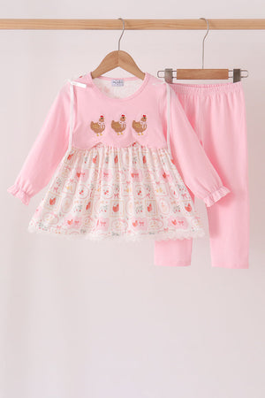 Pink chicken embroidery pants set