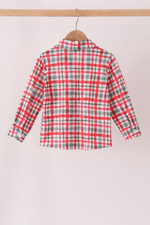 Red plaid pocket button down shirt