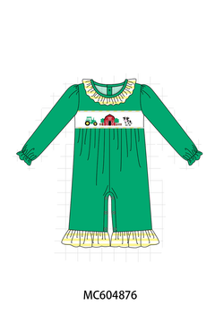 Green Farm Cow Embroidery Ruffle Romper
