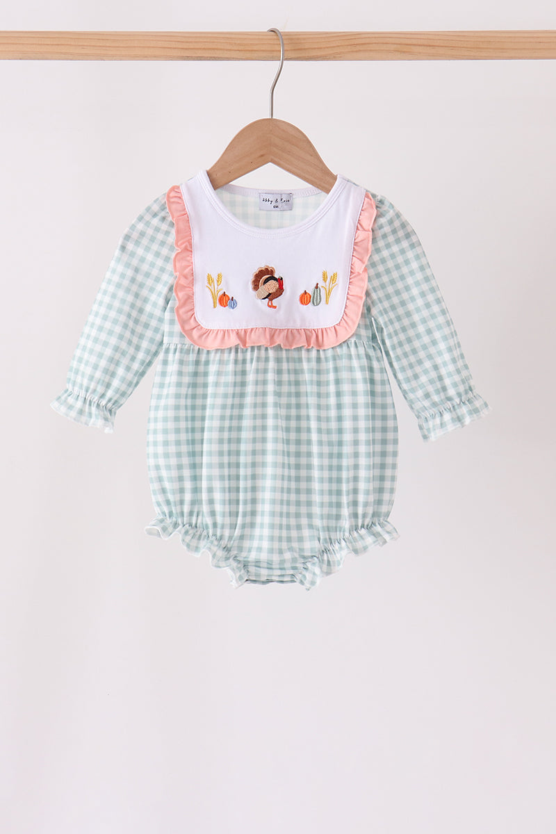 Sage Turkey Embroidery Ruffle Gingham Bubble