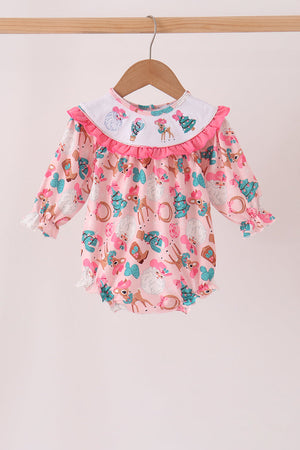Pink Cowboy Santa Embroidery Ruffle Bubble