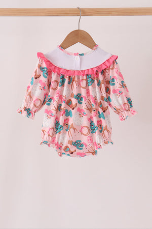 Pink Cowboy Santa Embroidery Ruffle Bubble