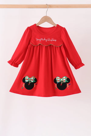 Red christmas character applique dress