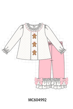 Pink Gingerbread Embroidery Ruffle Pants Set