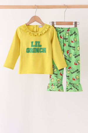 Green Grinch French Knot Ruffle Pants Set