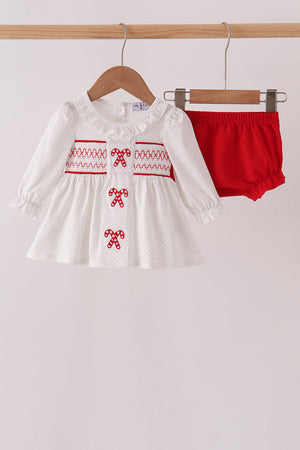 White Candy Cane Smocked polka dot Bloomer Set