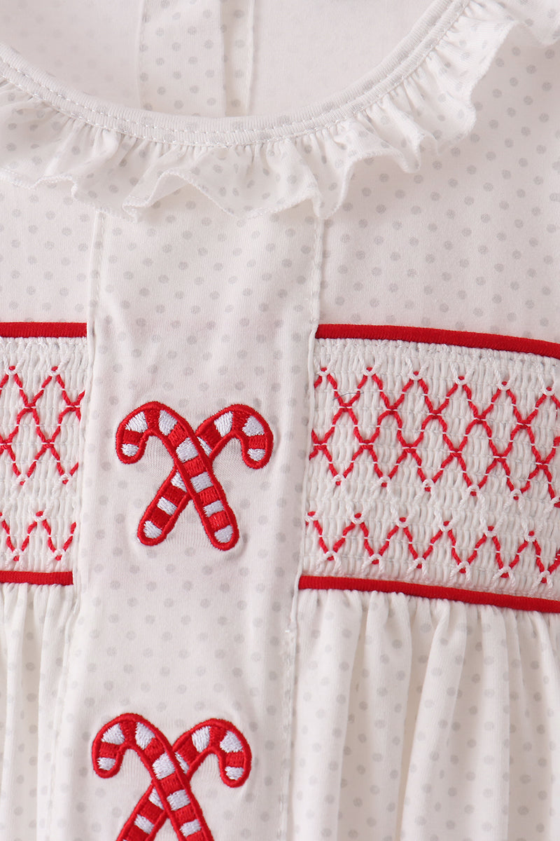 White Candy Cane Smocked polka dot Ruffle Pants Set