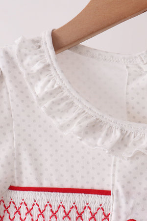 White Candy Cane Smocked polka dot Ruffle Pants Set