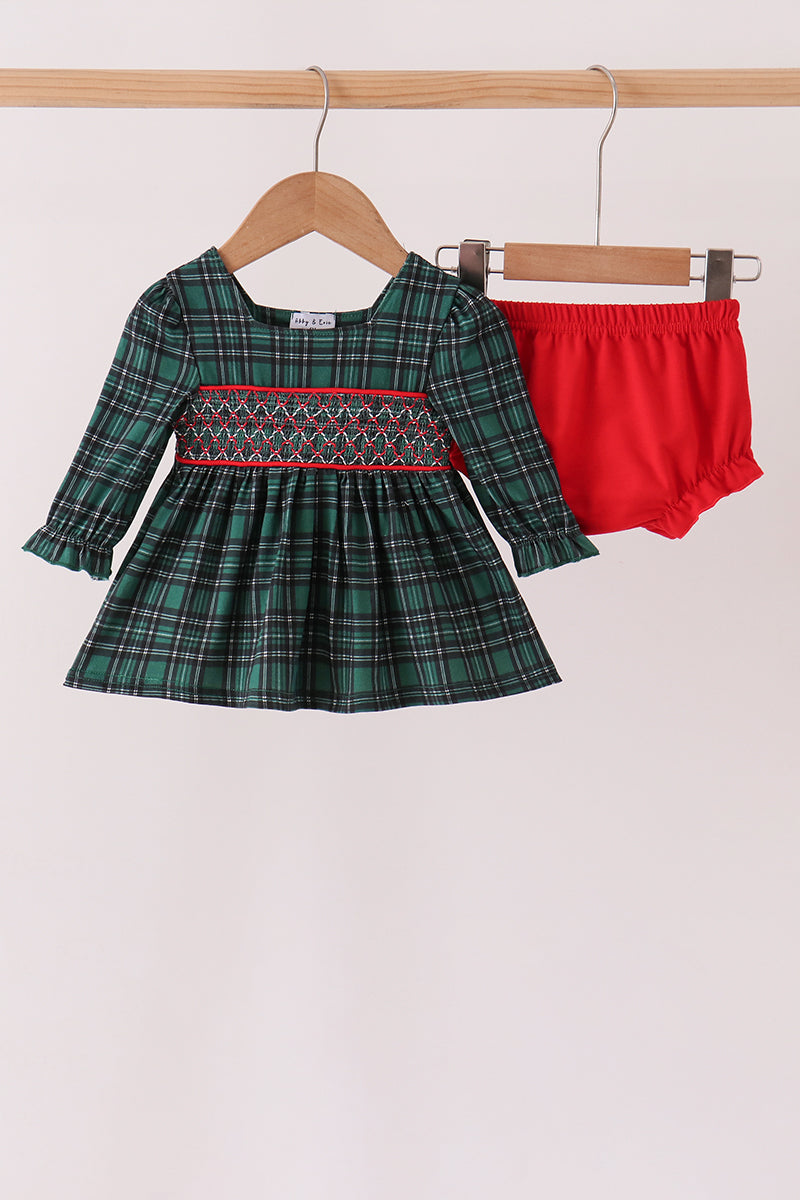 Forest Plaid Smocked Bloomer Set