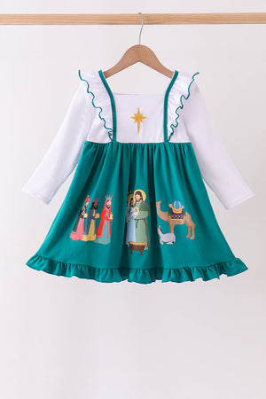 Forest Nativity Embroidery Ruffle Dress