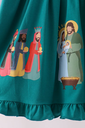 Forest Nativity Embroidery Ruffle Dress