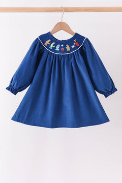 Blue corduroy Nativity Embroidery Dress
