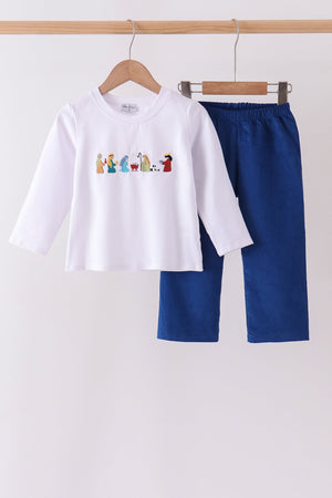 White Nativity corduroy Embroidery Pants Set
