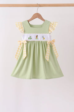 Green Princess Frog Embroidery Ruffle Dress