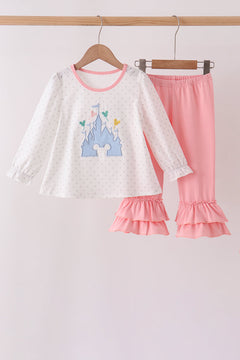Pink Castle Applique Ruffle Pants Set
