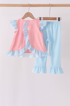Pink Princess Embroidery Stripe Ruffle Pants Set