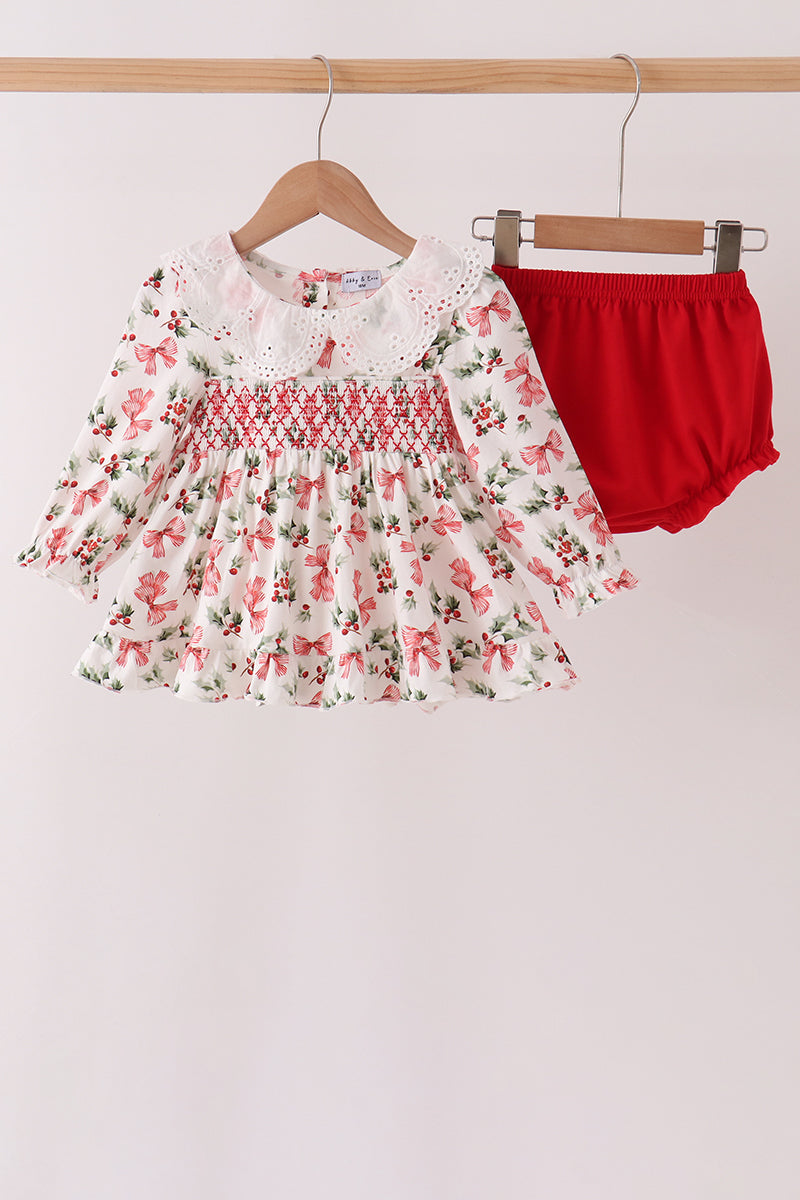 Red Holly Bow Smocked Lace Bloomer Set