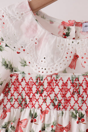 Red Holly Bow Smocked Lace Bloomer Set