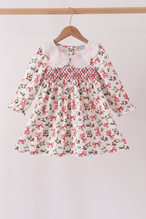 Red Holly Bow Smocked Lace Dress