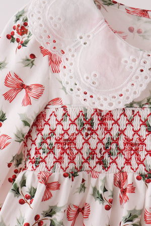 Red Holly Bow Smocked Lace Dress