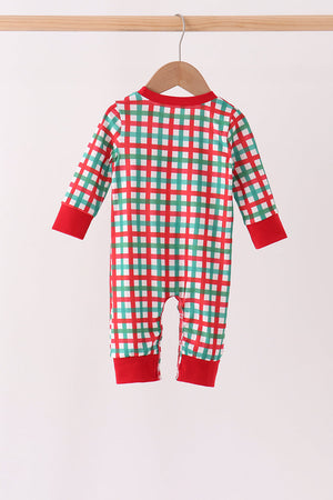 Red Character Embroidery Gingham Romper