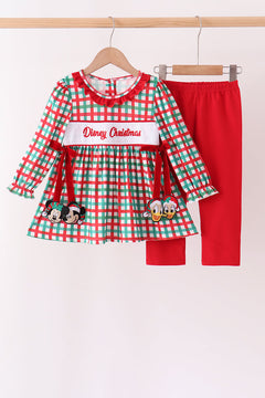 Red Character Embroidery Gingham Ruffle Pants Set