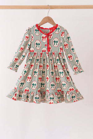 Green Christmas Bow Ruffle Bamboo Dress
