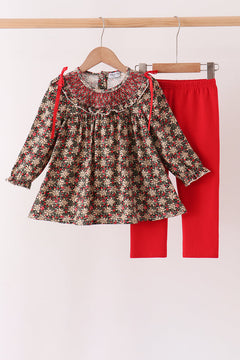 Red Floral Smocked Pants Set
