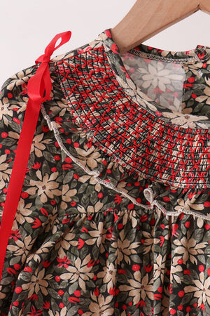 Red Floral Smocked Pants Set