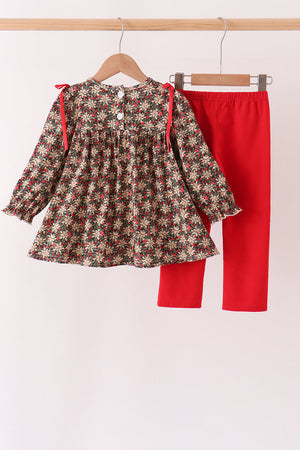 Red Floral Smocked Pants Set