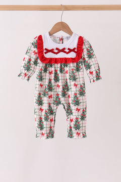 Red Bow Embroidery Velvet Ruffle Romper