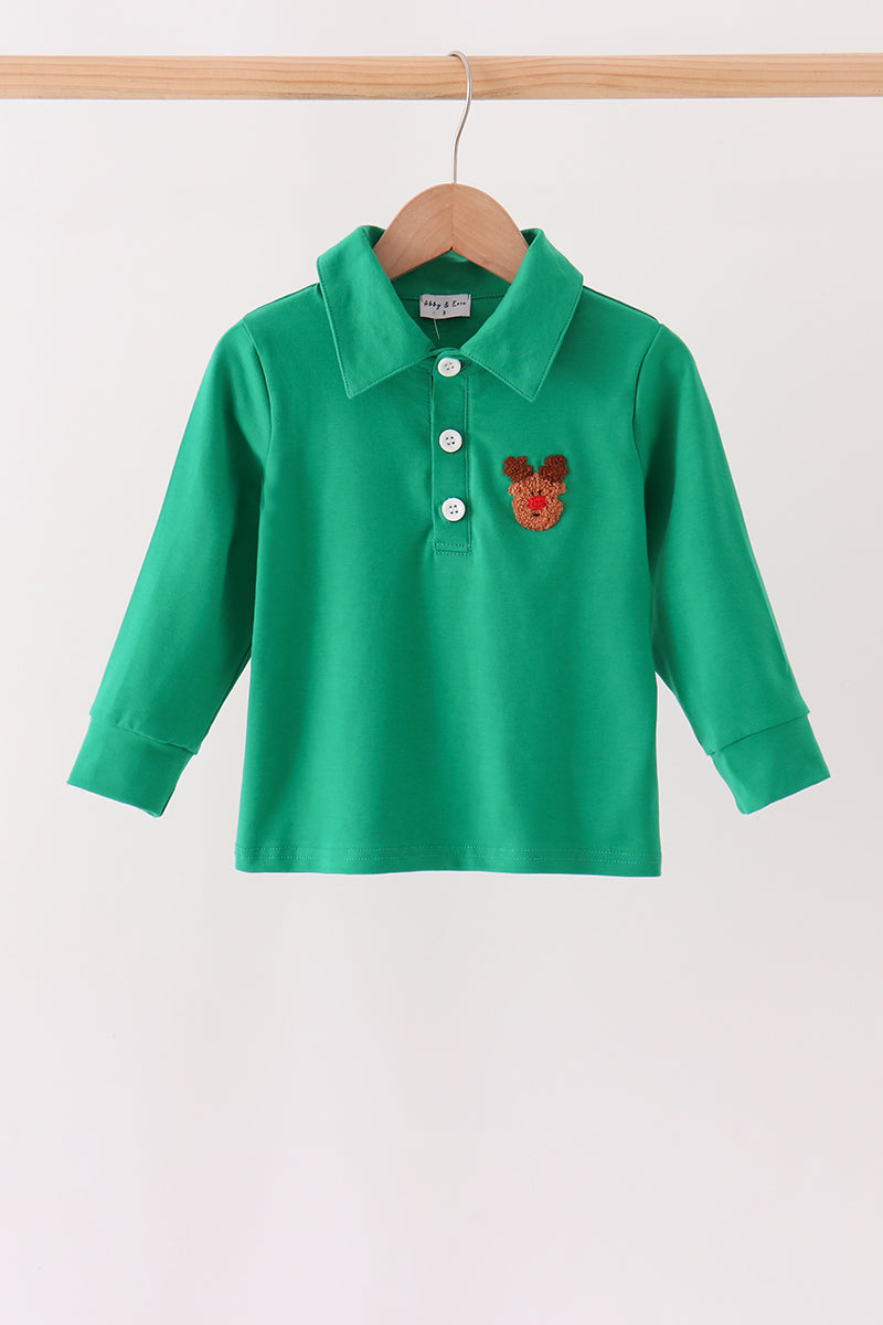 Green Reindeer French Knot Top