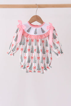 Pink Christmas Tree Embroidery Ruffle Bubble