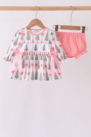Pink Christmas Tree Embroidery Bloomer Set