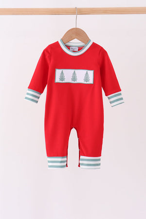 Red Christmas Tree Embroidery Romper