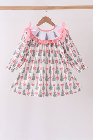 Pink Christmas Tree Embroidery Ruffle Dress