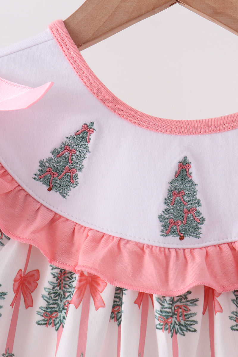 Pink Christmas Tree Embroidery Ruffle Dress
