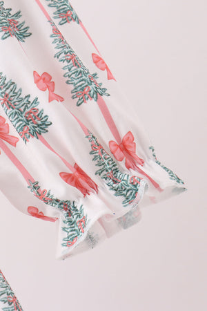 Pink Christmas Tree Embroidery Ruffle Dress