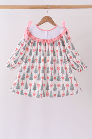 Pink Christmas Tree Embroidery Ruffle Dress