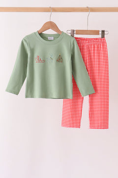 Sage Christmas Embroidery Pants Set