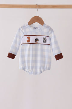 Blue Puppy Embroidery Gingham Bubble