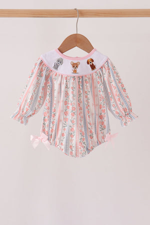 Pink Floral Puppy Embroidery Bow Bubble