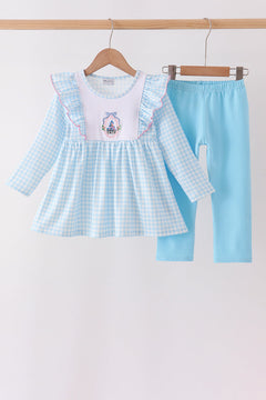 Blue Castle Embroidery Ruffle Pants Set
