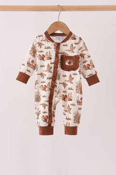 Brown Duck Embroidery Ruffle Romper