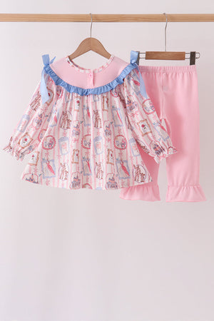 Pink Character Bow Embroidery Ruffle Pants Set